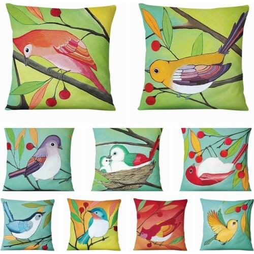 Home Pillow Decoration Super Soft Velvet Cushion Decorative Pillow Watercolor Bird Printed Linen Pillowcase Sofa Throw Pillow