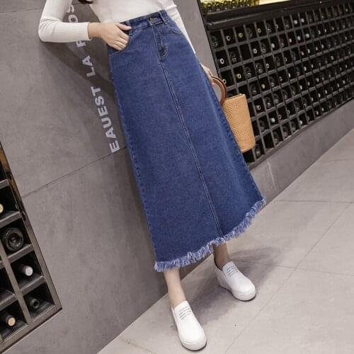 New Autumn Winter Women Skirts Vestido Fashion Plus Size Casual Loose Long-Style Hem Burr Jeans Skirts For Women Large Midiskirt