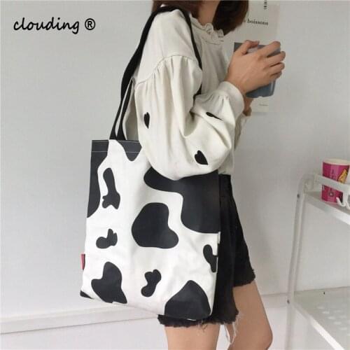 Cartoon Cow Print Women Canvas Bag Black White Casual Large Capacity Shoulder Bag Environmental Protection Shopping Bag