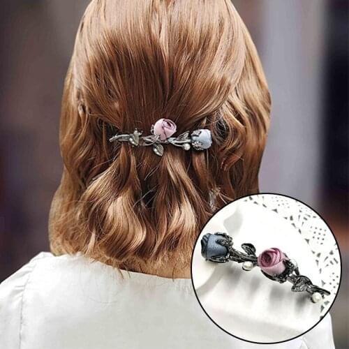 Rose Flower Crystal Rhinestone Hairpin Vintage Leaf Hair Clip Elegant Female Girl Hairgrips Christmas Wedding Party Jewelry Gift