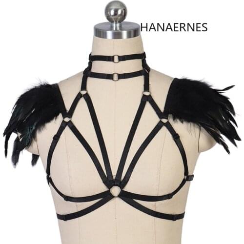Womens Sexy Goth Lingerie Hollow Cage Body Harness Bra Bandage Crop Top Bralette Feather Underwear Bondage Goth Underwear