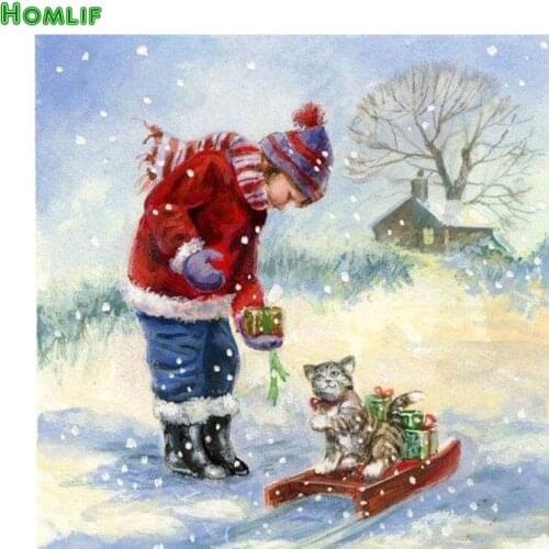 100% Full 5D Diy Daimond Painting Cross-stitch Boy&Lovely Cat 3D Diamond Painting Christmas Rhinestones Paintings Embroidery