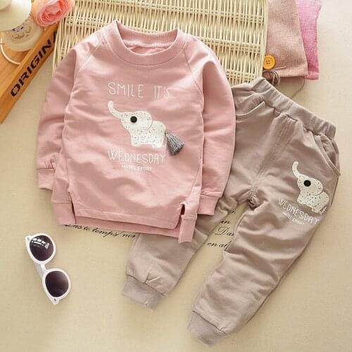 Spring Autumn Childrens Cotton Suit Boys Girls Cartoon Elephant Long Sleeve Set Kids T-Shirt Pants 2Pc Childrens Sports Set