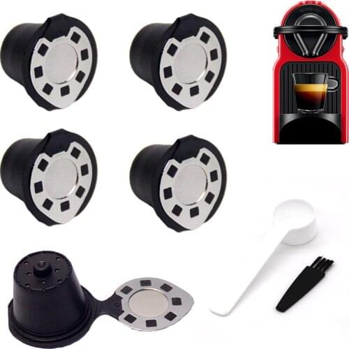 5PCS Nespresso Reusable Coffee Capsule Filter Cup Refillable Dripper Filter Baskets Caps with Spoon Brush Kitchen Accessories