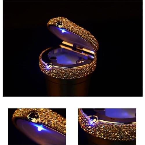 Car Ashtray with Blue LED Light Portable Car Ashtray Light Crystal Rhinestones Diamond Led Storage Cup Holders