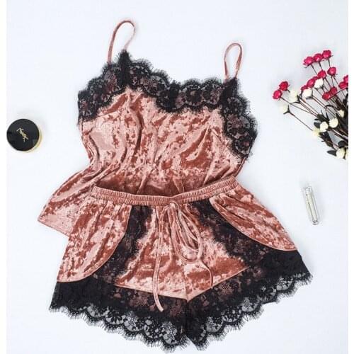 Velvet Pajamas Set Sexy Lace Cami Tops Shorts Nightwear Autumn Winter Lady Sleepwear Spaghetti Strap Sleeveless Pajamas