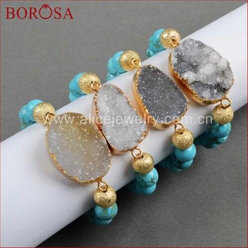 BOROSA Gold Color Free-form Natural Stone Druzy Geode Charm & 10mm Blue Howlite Stone Beads Bracelet Druzy Jewelry Gems G0297