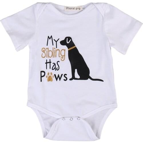 DERMSPE New Casual Newborn Baby Boy Girl Short Sleeve Letter Print My Sibling Has Paws Cute Dog Romper Baby Clothes White