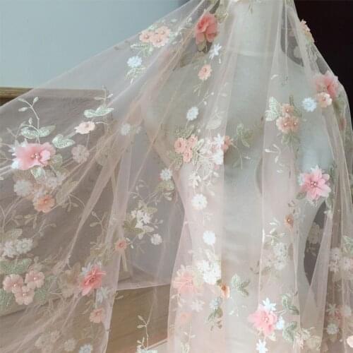Two-Color Three-Dimensional Chiffon Applique Beaded Mesh Embroidery Lace Fabric For Wedding Dress Designer Fabric