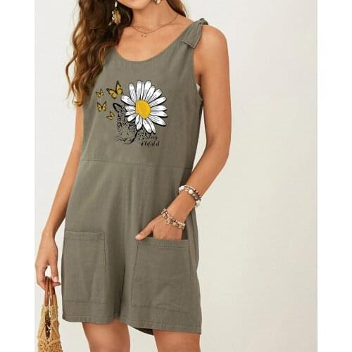 Womens Summer Cotton Linen Overalls Casual Floral Print Sleeveless Bib Pants Baggy Suspender Romper Jumpsuit with Pockets