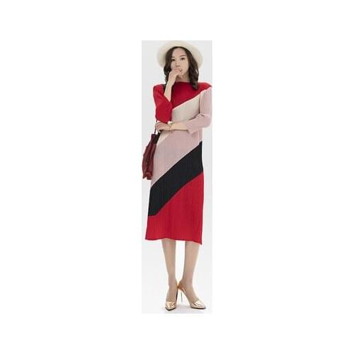 HOT SELLING Miyake Fashion fold patchwork O-Neck three quarter straight dress IN STOCK