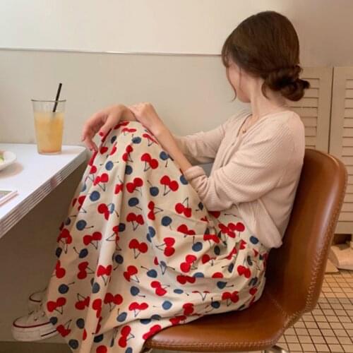 Limiguyue Sweet Cherry Print Skirt Summer Korean Style Women Floral Midi Skirts Chic Pleated A-Line High Waisted Skirts K1654