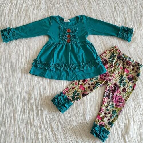 Fashion Girls Clothing Boutique Kids Designer Clothes Girls Outfits Flower Print Leggings Boutique Baby Girl Spring Clothing Set