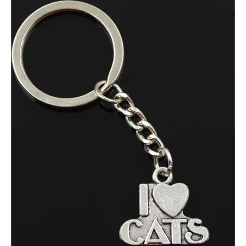 New Fashion Men 30mm Keychain DIY Metal Holder Chain Vintage I Love Cats 23x21mm Silver Color Pendant Gift