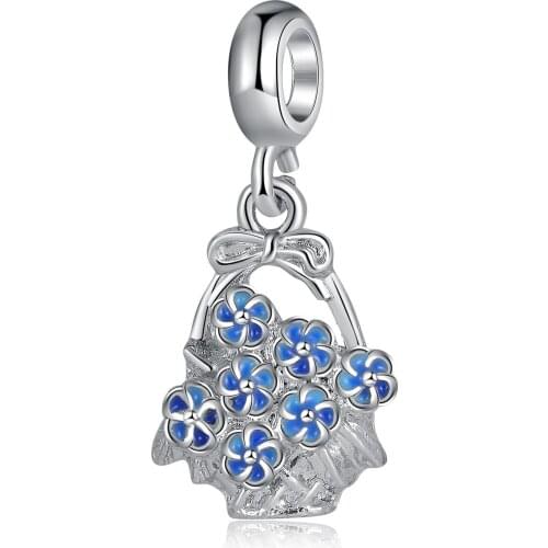 New Original Alloy Bead Blue Enamel Flower Bouquet Dangle Charm Fit Pandora Bracelet Bangle DIY Women Jewelry Dropship