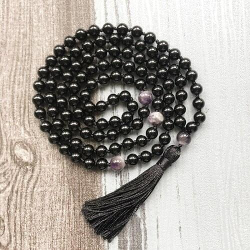 Black Onyx & Amethysts 108 Mala Beads Necklace For Calming Mind Meditation Jewelry Hand Knotted Tassel Necklace For Friend Gift