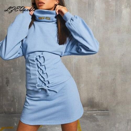 LZEQuella Women Long Sleeve Turtleneck Slim Hip Dress Winter High Waist Lace Up Bandage Party Club Mini Dresses Vestidos NZ2756