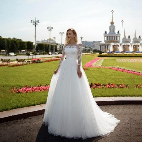 Stunning Wedding Dresses A Line Sheer O Neck Long Sleeve Bridal Gowns Applique Lace Plus Size