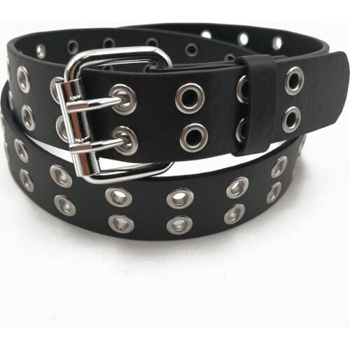 Women Punk Style Fashion Belt Adult Adjustable Black Double Eyelet Buttonhole Leather Waistbelt Personality Jeans Belts