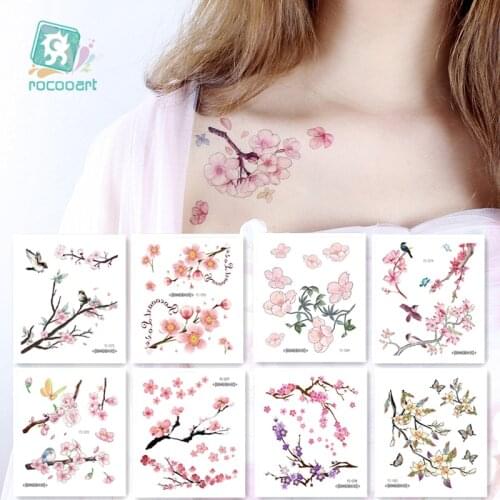 Rocooart Flowers Fake Tattoo Sakura Stickers Chest Taty Waterproof Tatoo Cherry Blossom For Women Tattoo Body Art Taty