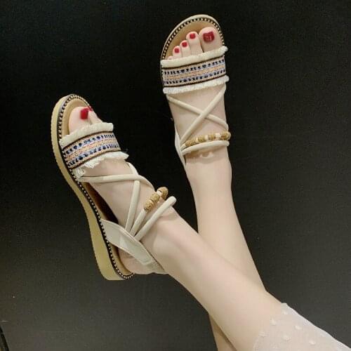Womens Ethnic Style Sandals Summer New Style Bohemian Fairy Style Flat-bottomed Student Lace-up Roman Shoes