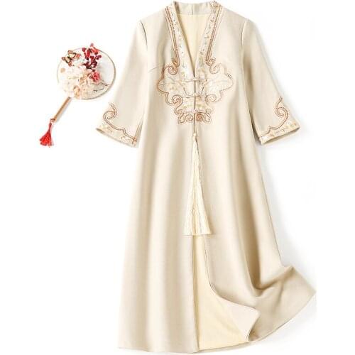 Woolen Coat Womens Mid-Length Autumn And Winter New Chinese Style Retro Button Embroidered Single-Breasted Slim Coat S-XXL