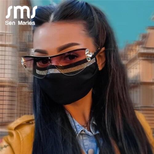 Luxury Diamond Cat Eye Sunglasses Women Rimless One Piece Female Men Eyewear Sun Glasses Fashion Metal Rhinestone Glasses UV400