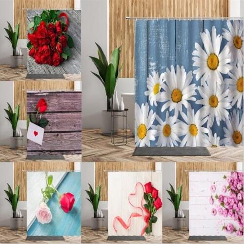 Wood Grain Flower Shower Curtains For Bathroom Bath Decor Red White Rose Purple Flowers Wooden Printed Waterproof Fabric Curtain
