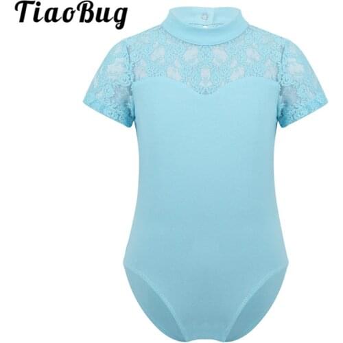 TiaoBug Girls Floral Lace Splice Professional Ballet Leotards Short Sleeve Gymnastics Leotard Bodysuit Kids Stage Dance Costume