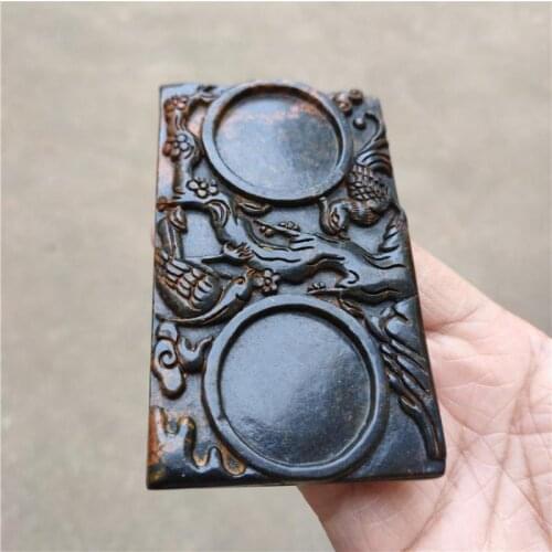 Tibet Antique Red Mountain Culture Natural Meteorite Black Iron Inkstone Branches Birds Statuette Mascot Collection Decoration