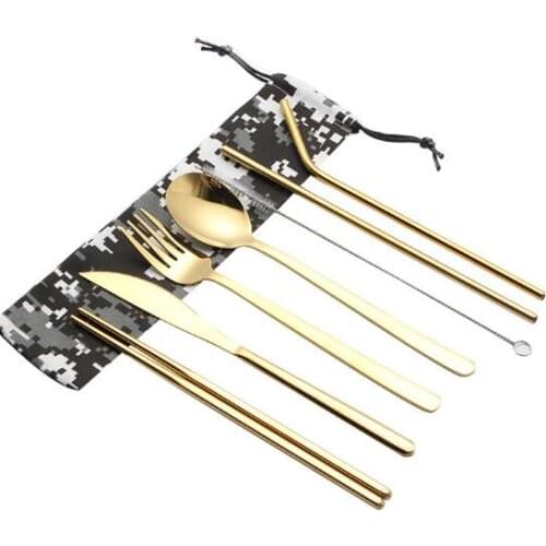 Creative camouflage bag stainless steel portable knife, fork, spoon, straw brush suit outdoor traveling student camping tablewar