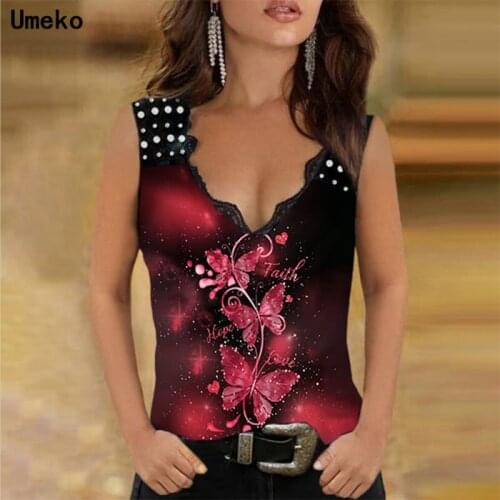 Umeko Summer Lace V-neck Animal Printed Camisole T-shirt Plus Size Y2k Fashion Slim Sleeveless Tshirt Vintage Sexy Tank Tops