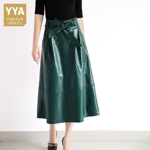 Vintage High Waist Butterfly-Knot Sashes Long Skirts 100% Natural Leather Sheepskin Skirts Luxury Elegant Pockets Skirts Women