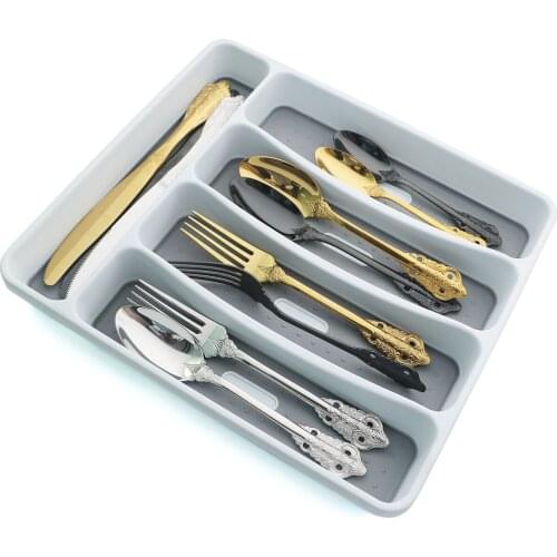 Mirror Stainless Steel Cutlery Set Knife Fork Spoon Dinnerware Colorful Tableware Set with Plastic Storage Tray Kitchen Flatware