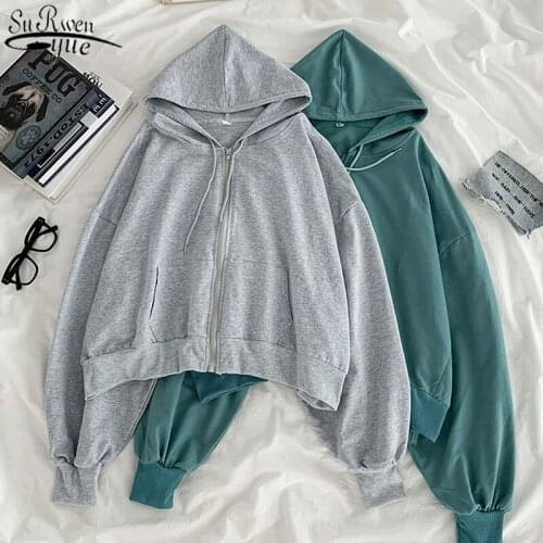Autumn Loose Drawstring Sweatshirt for Women Korean Streetwear Cotton Long Sleeve Hoodies Women Hoodie with Zipper Jacket 11758