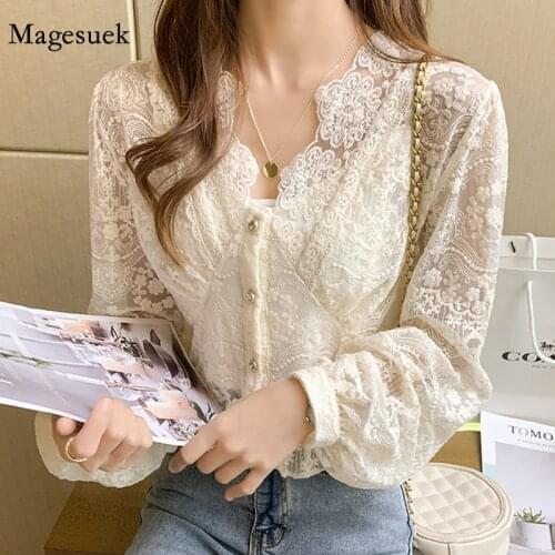 Autumn New Floral Embroidery Blouse Women Vintage New Lace Long Sleeve Tops Ladies V Neck Slim See Through Chiffon Shirts 13515