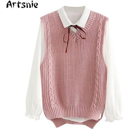 Artsnie sweet pink vest women autumn v neck long sleeve sweater pull femme hiver vintage cute vest suit sweaters jumpers femme
