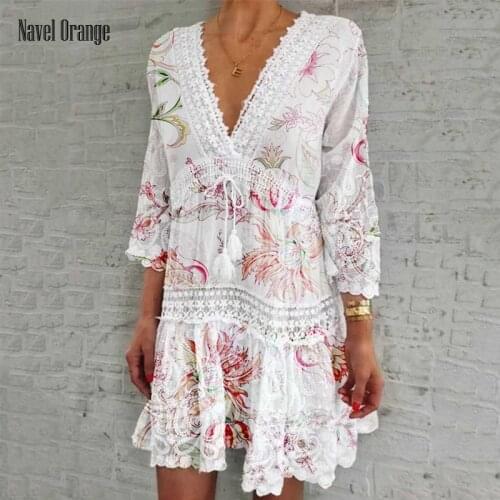 Elegant Lace Trim Deep V-Neck Women Dress Three-Quarter Sleeve Drawstring Waist Fashion Mini Dress Casual Loose Beach Streetwear