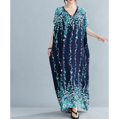 Plus Size 4XL 5XL 6XL Silk Bat Sleeve Dresses For Women Vintage Female V-Neck Robe Dress 2021 Summer Fashion Floral Long Dress