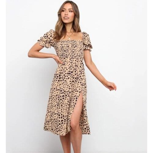 Ardm Fashion платья для женщин Square Collar Bubble Sleeve Midi Dress High Split Leopard Summer Dress Backless Vintage Robe 2021