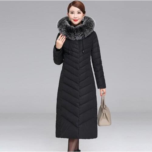 2018 Middle-aged Womens Winter White Duck Down Jacket Hooded Long Coat Slim Thicken Warm Fox Fur Collar Down Jackets Plus Size