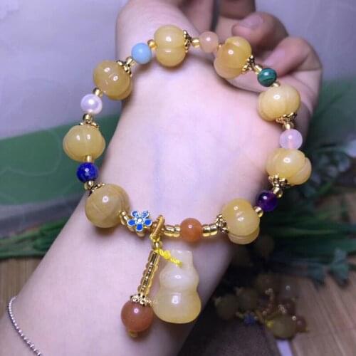JoursNeige Yellow Crystal Bracelets Carving Pumpkin Beads and Color Round Beads Bracelets Lucky for Women Single Lap Jewelry
