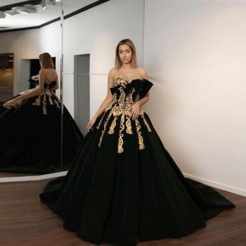 Saudi Arabia Black Evening Gowns Gold Lace Appliques Low Back Prom Dresses Robe De Soiree Sweep Train Formal Party Dress