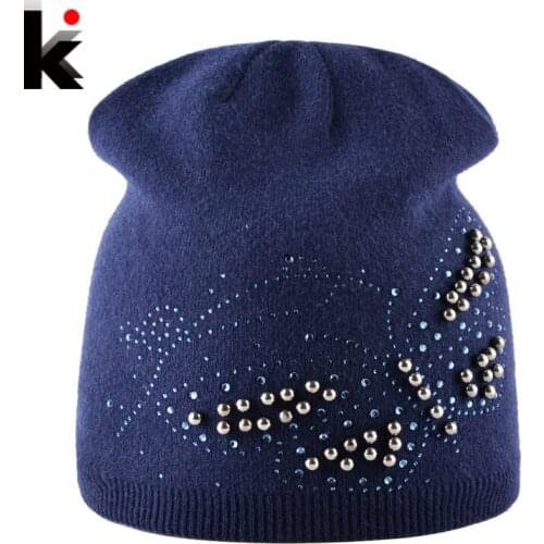 Ladies Knitted Bonnet Beanies Cap Women Pearls Butterfly Rhinestone Rabbit Wool Hat For Girls Autumn And Winter Female Skullies