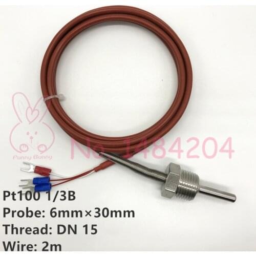 High Precision PT100 Class 1/3B Temperature Sensor DN15 Thread 6mm*30mm Probe 3-core 2m Silicone Wire Waterproof