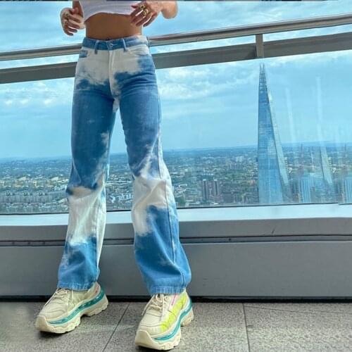 90S Aesthetic Harajuku Y2K Jeans High Waist Wide Leg Bottoms Print White Blue Stacked Trousers For Girls 2021 Spring Autumn