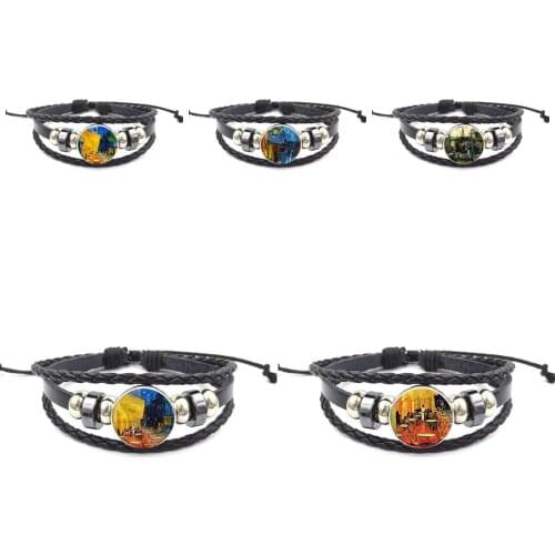 EJ Glaze For Women Gifts Boy Buddhism Jewelry With Glass Cabochon Black Leather Bracelet Bangle Van Gogh Cafe Terrace