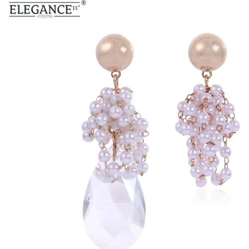 ELEGANCE11 Simulated Pearl Earring Asymmetric Teardrop Crystal Pendant Earrings Women Party Jewelry Wedding Earrings