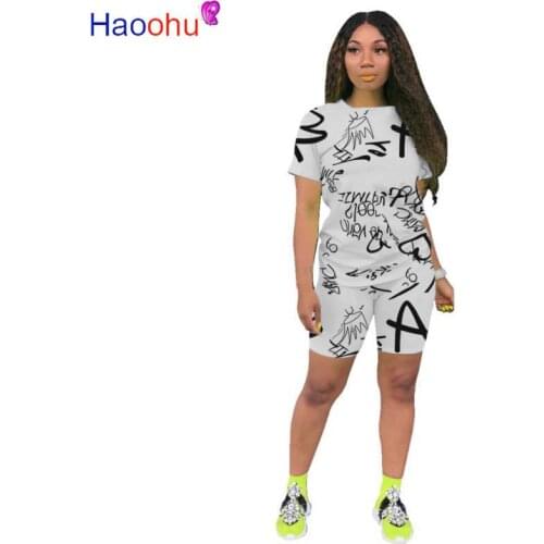 HAOOHU Plus Size Two Piece Set Tracksuit Women Summer Clothes Letter Crop Top and Biker Shorts Matching Sets Sexy Club Outfits