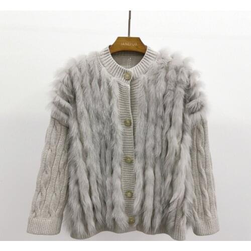 Janefur Women Ribbed Knitted Cardigans Sweaters With Fur Trim Ladies Long Sleeve Autumn Winter Knitwear